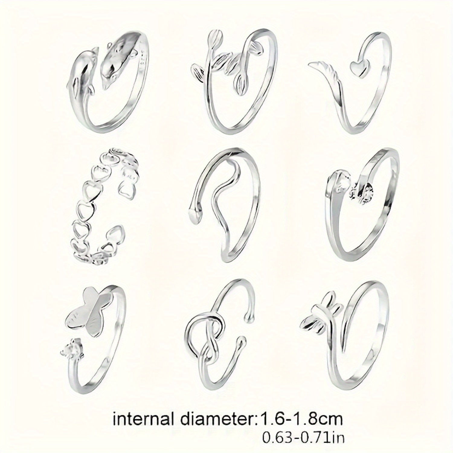 9pcs S925 Sterling Silver Adjustable Foot Ring Set Snake Butterfly Dragonfly Dolphin Heart Leaf Etc Shape Foot Ring Set for Women