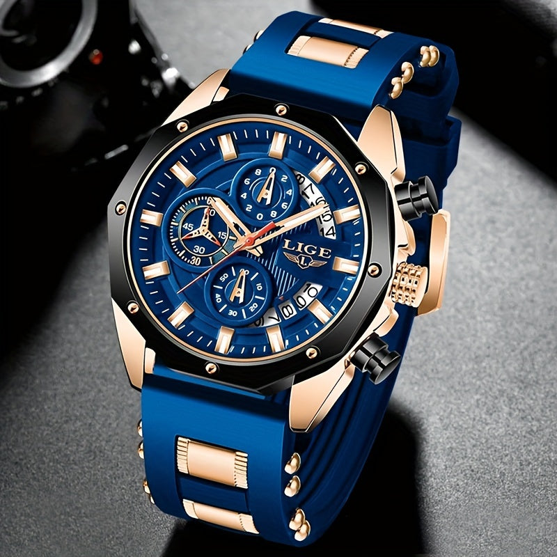 Men's Chronograph Quartz Watch with Luminous Dial & Calendar | Stopwatch, Outdoor Sports Casual Wristwatch – Black, Blue, Gold & Silver Color Options