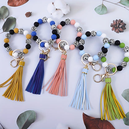 Beaded Keychain Wristband Set 5 Pcs - Leopard Print Polka Dot Fringe Charm Keychains for Women, Boho Wrist Keyring with Tassel, Cute Bag Accessory Car Key Pendant Gift Set for Women Girls