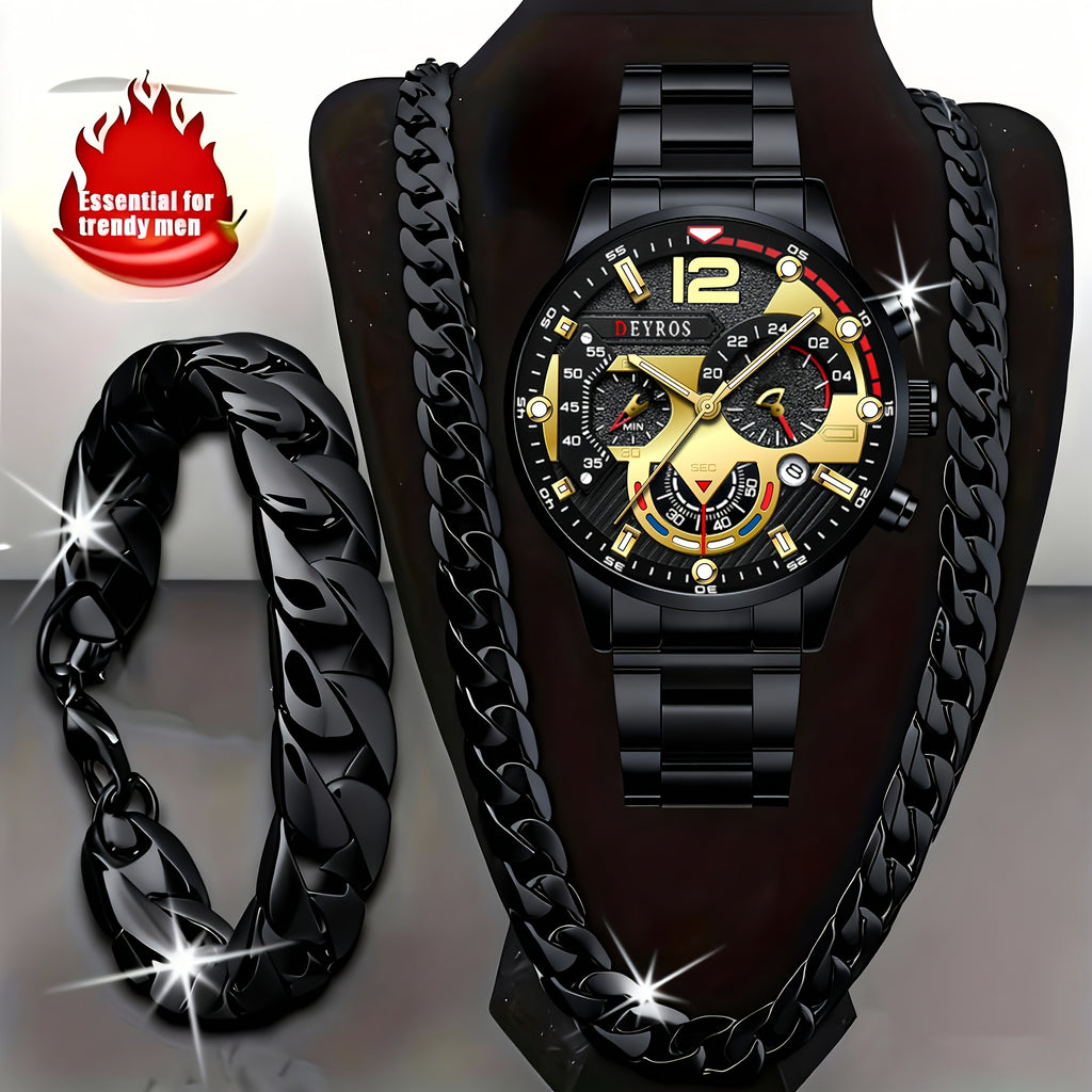3pcs Men's Watch and Matching Necklace/Bracelet Combo - Luxury Analog Quartz Wristwatch with Matching, Elegant & Matching for Daily Wear, Gifts for Him (, Anniversary, Thanksgiving) - Stylish Complete
