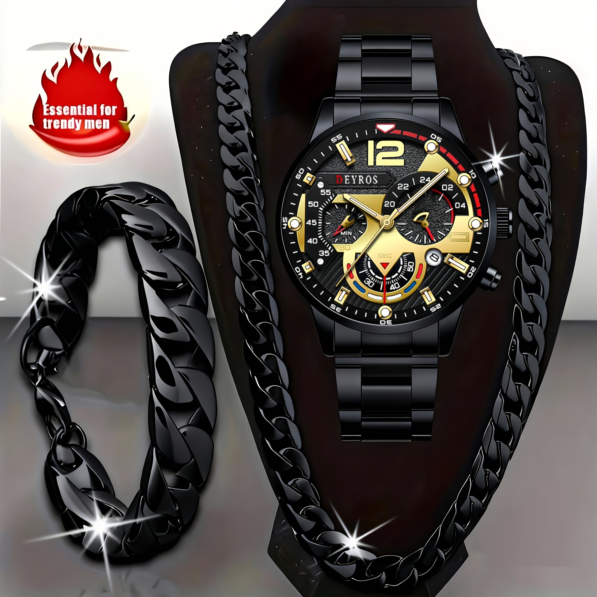 3pcs Men's Watch and Matching Necklace/Bracelet Combo - Luxury Analog Quartz Wristwatch with Matching, Elegant & Matching for Daily Wear, Gifts for Him (, Anniversary, Thanksgiving) - Stylish Complete