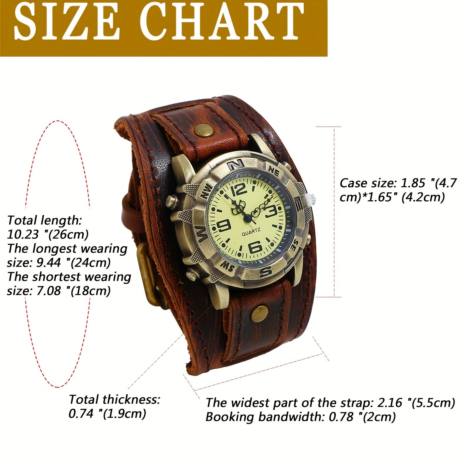 Brown Gothic Punk Men'S Wide Leather Cuff Wristwatch for Halloween