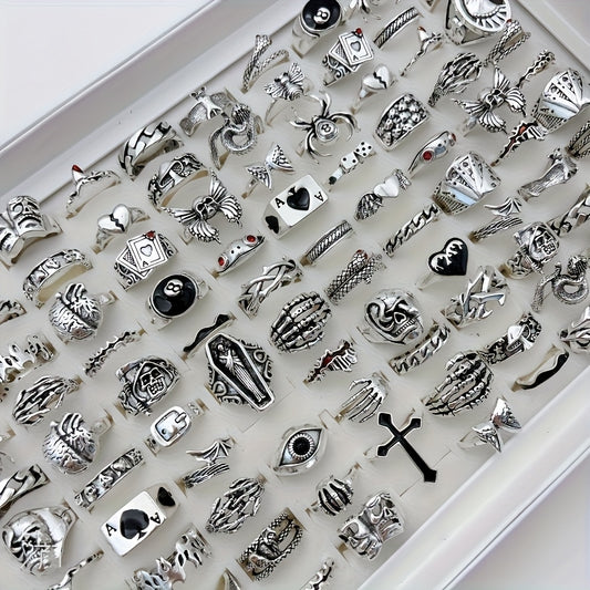 [24pcs Punk Ring Set] 24pcs Random Retro Punk Ring Set, Dark Style Spider Skull Cross Jewelry, Suitable for Daily And Party Wear, Trendy Accessories
