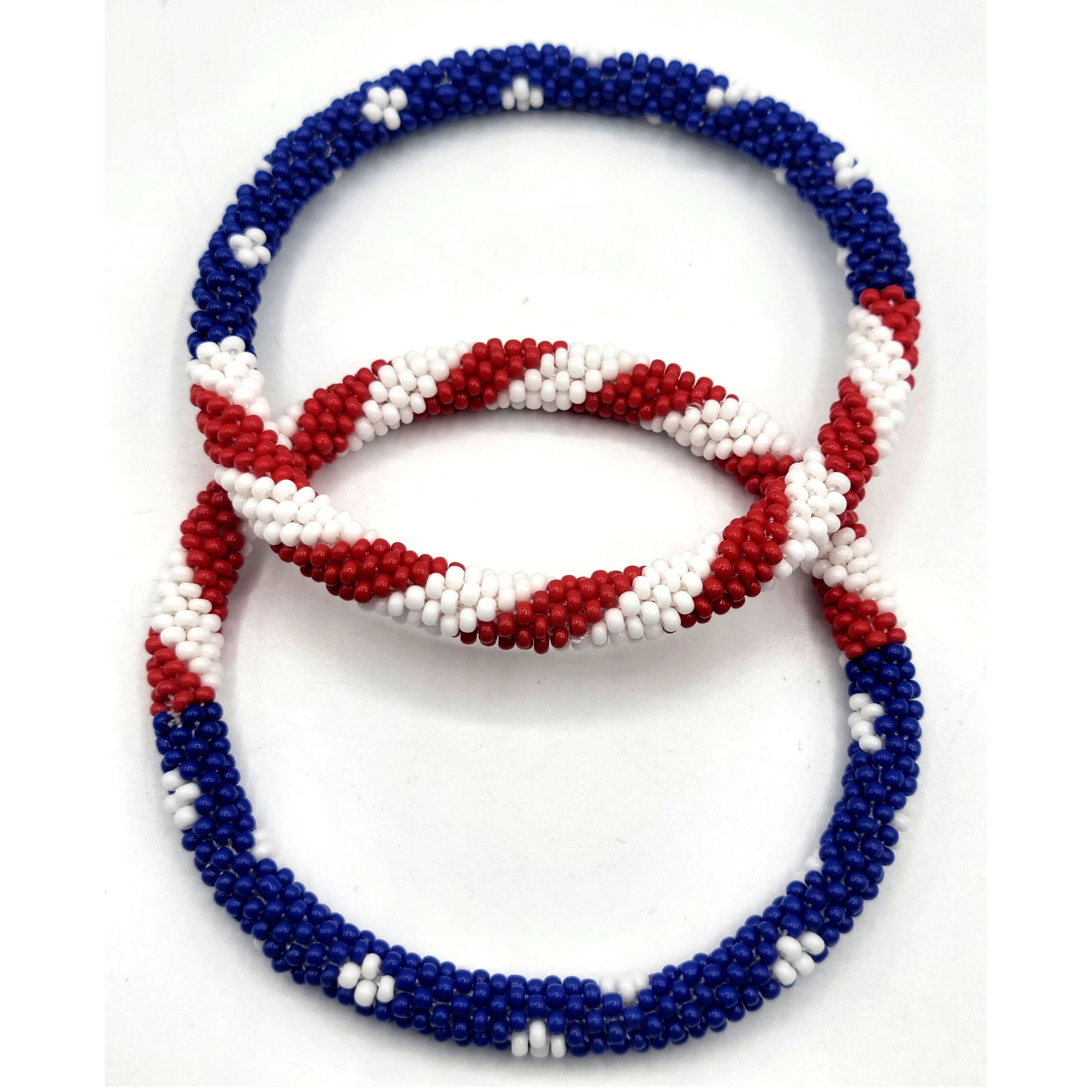 Set of 2 Handmade USA Flag Patriotic Color Design Bracelet Jewelry From Nepal – Glass Beaded Roll-On Crochet Bracelets for Men & Women, Boho Hippie Style, Artisan-Roll-On Bangles, Great Gift for USA Lovers Vacation Style Nepal Artisanship, Patriotic Wrist