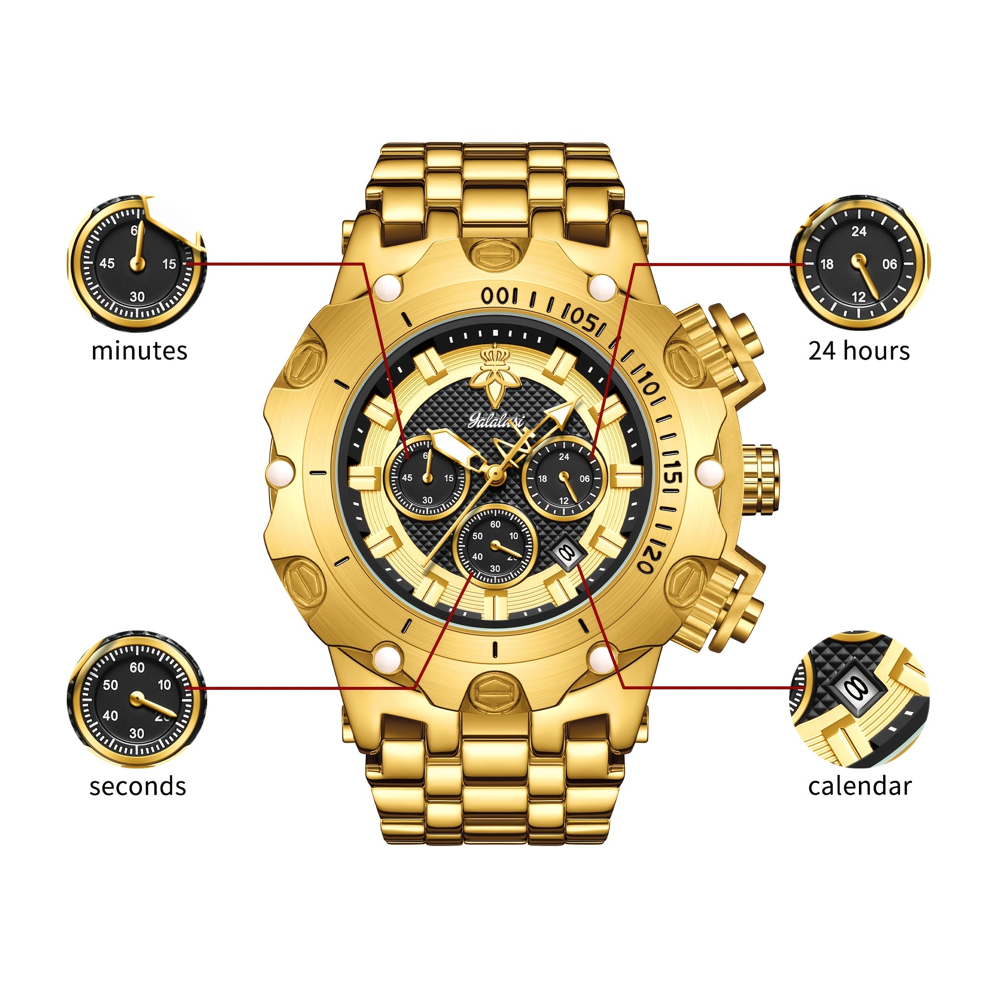 YaLaLuSi Brand 1pc Men's Multifunctional Luxury Quartz Watch Golden Strap with Atmospheric Dial Bully Color Scheme Eye-catching Eye-catching Chronograph Sub-Dial Practical Gift Box Strap Remover for Men Loved Ones Father Gift