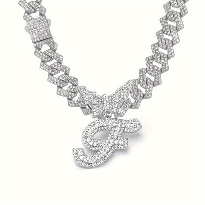 Cuban Link Chain Necklace - Initial Letter for Men Women - with Butterfly Alphabet Pendant A-Z, Gold & - product detail view