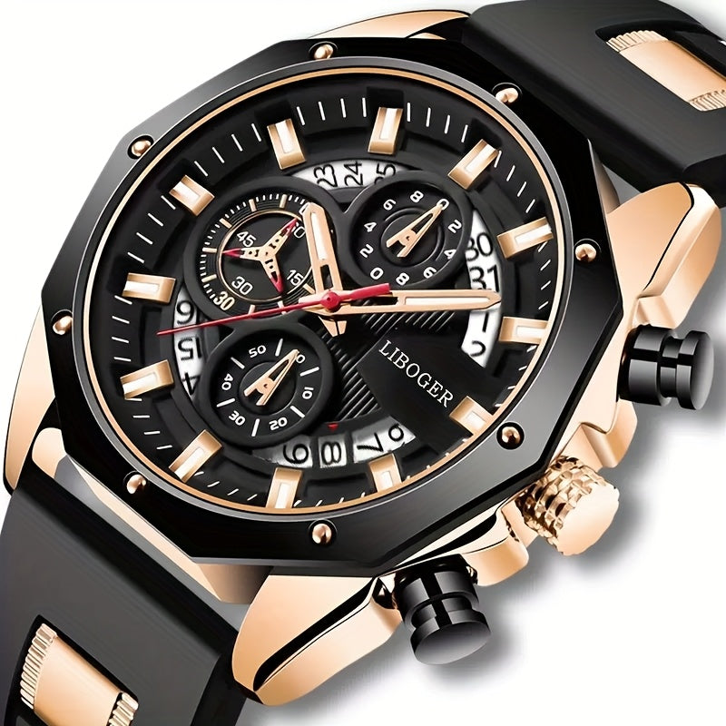 Chronograph Watch for Men - Large Dial Quartz Wristwatch with Day Date Month Display, 24H Analog, Leather Strap & Gold Buckle, Multi-Function Business Sport Dress Watch in Blue Silver Gold