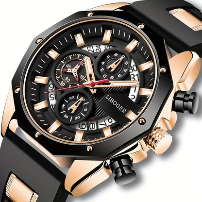 Chronograph Watch for Men - Large Dial Quartz Wristwatch with Day Date Month Display, 24H Analog, Leather Strap & Gold Buckle, Multi-Function Business Sport Dress Watch in Blue Silver Gold
