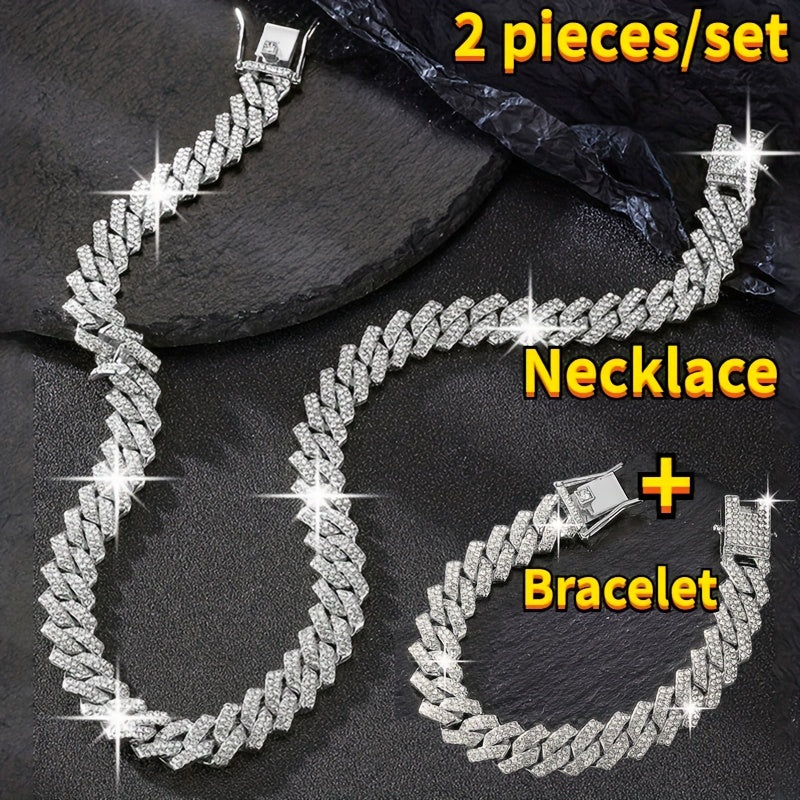 2pcs Shiny Cuban Link Chain Jewelry Set for Men Luxury Fashion Bling Miami Hip Hop Cuban Link Chain Necklace and Bracelet Set Suitable for Birthday Gift Anniversary Gift