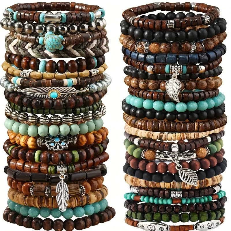 [Bohemian Wooden Beaded] 42pcs Set Vintage Style Bohemian Wooden Beaded Random Bracelets, Fashionable Stacking Bracelet Set For Women, Ethnic Men's Outdoor Accessory Collection