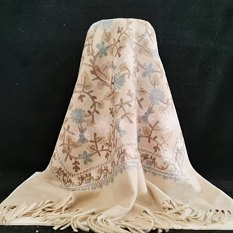 Floral Embroidered Coat & Vintage Embroidered Scarf Wrap - Bohemian Style Oversized Shawl for Spring/Fall - Versatile Warm Ethnic Print Accessory