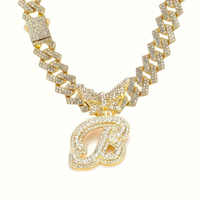 Cuban Link Chain Necklace - Initial Letter for Men Women - with Butterfly Alphabet Pendant A-Z, Gold & - product detail view