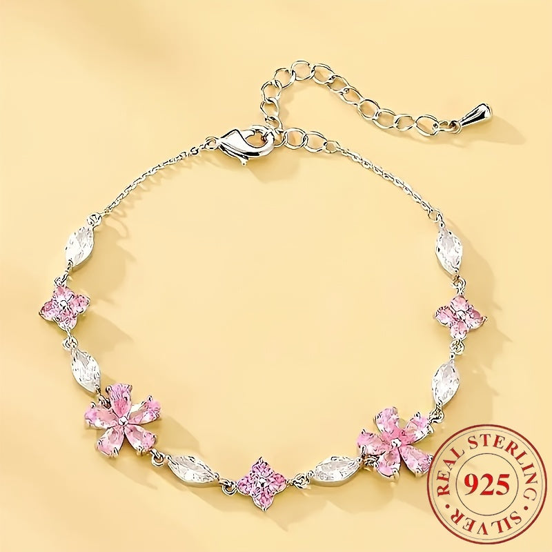 S925 Sterling Silver Cherry Blossom Bracelet for Women – Pink Zirconia Petal Adjustable Bangle, Cute Elegant Floral Wrist Jewelry Gift