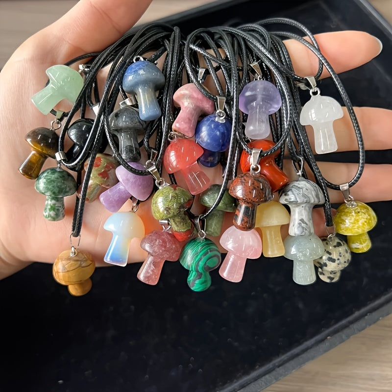 20pcs Random Mini Mushroom Shaped Crystal Stone Pendant with Rope Set for Women, Assorted Varieties, Colorful, Sparkling, Gift for Valentine's Day & Birthday Party