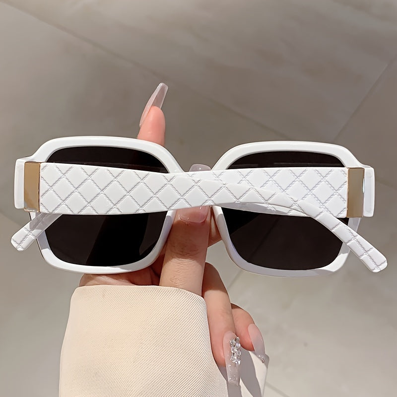 Studded Sunglasses Women Geometric Frame UV400 PC Lenses Lightweight Fashion Statement Shades with Case for Beach Vacation Travel Daily Wear Blue White