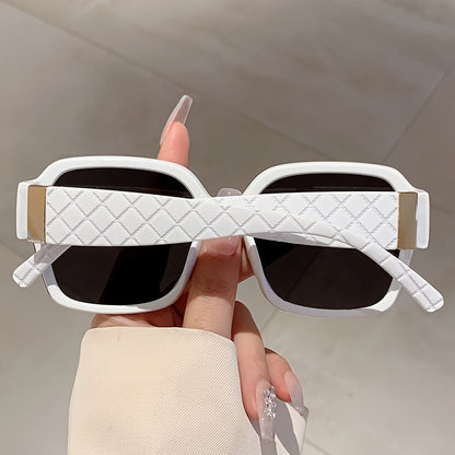 Studded Sunglasses Women Geometric Frame UV400 PC Lenses Lightweight Fashion Statement Shades with Case for Beach Vacation Travel Daily Wear Blue White