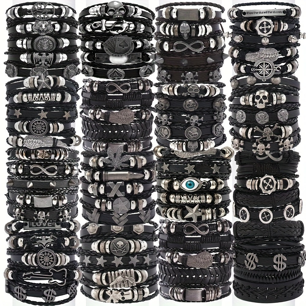 Punk Hip Hop Bracelet Set 10/20/30Pcs – Stainless Steel Multi-Layer Black Bracelets with Skull Cross Star Infinity Symbols, Vintage Stackable Jewelry Gift for Teens Halloween Graduation