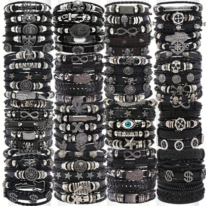 Punk Hip Hop Bracelet Set 10/20/30Pcs – Stainless Steel Multi-Layer Black Bracelets with Skull Cross Star Infinity Symbols, Vintage Stackable Jewelry Gift for Teens Halloween Graduation