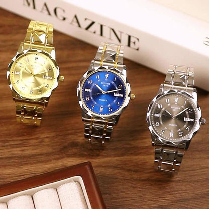 Men's Roman Numeral Rhinestone Quartz Watch Stainless Steel Strap – Date Display Minimalist Classic Design Fashion Wristwatch Gift, Golden Silvery Blue