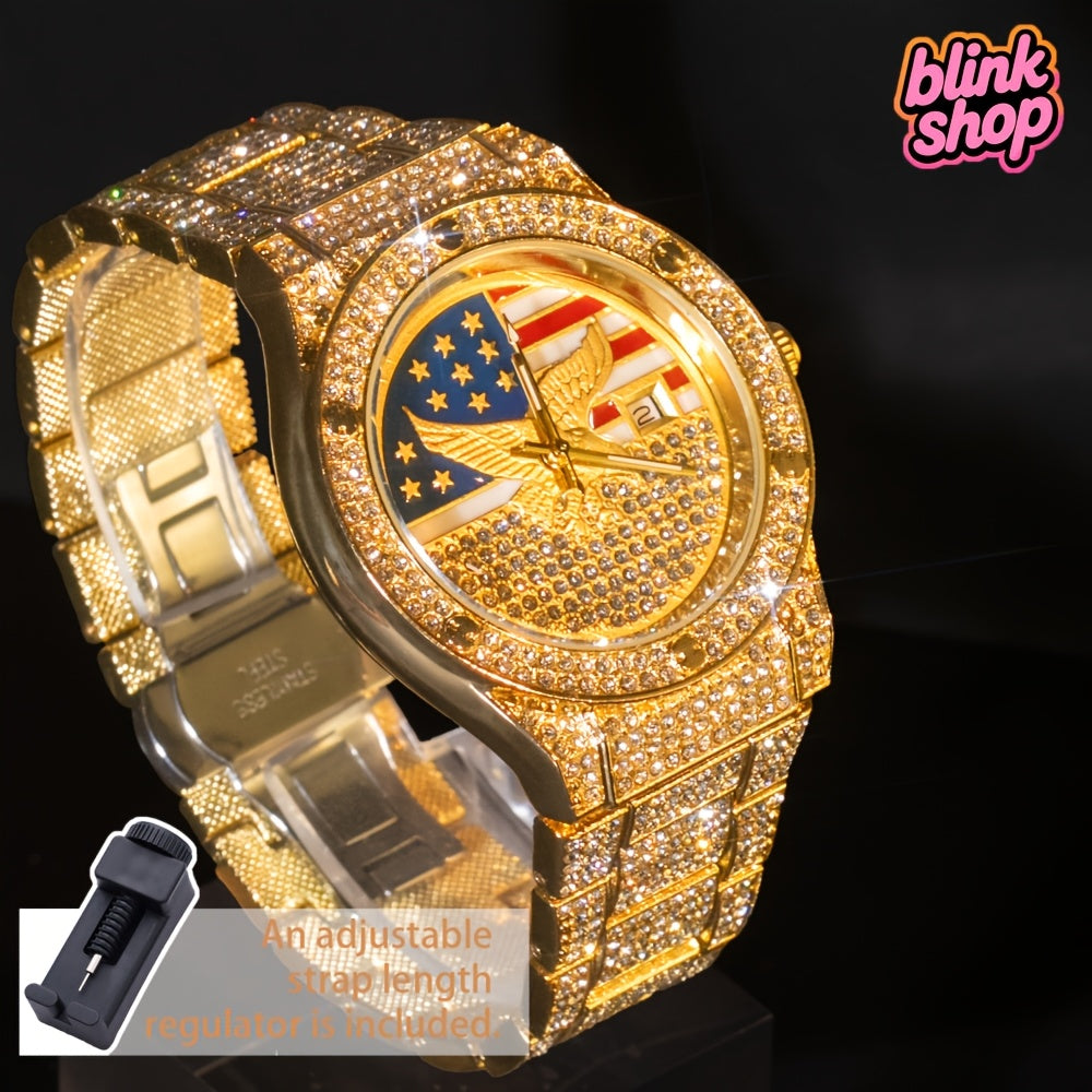 Stylish Men's Watch, New Style, Synthetic Rhinestone Strap, Hip Hop Large Dial, Individualistic Mechanical Watch with Steel Strap Design, Free American Classic Men's Watch, Party Watch, Gift for Women to Men, Jewelry