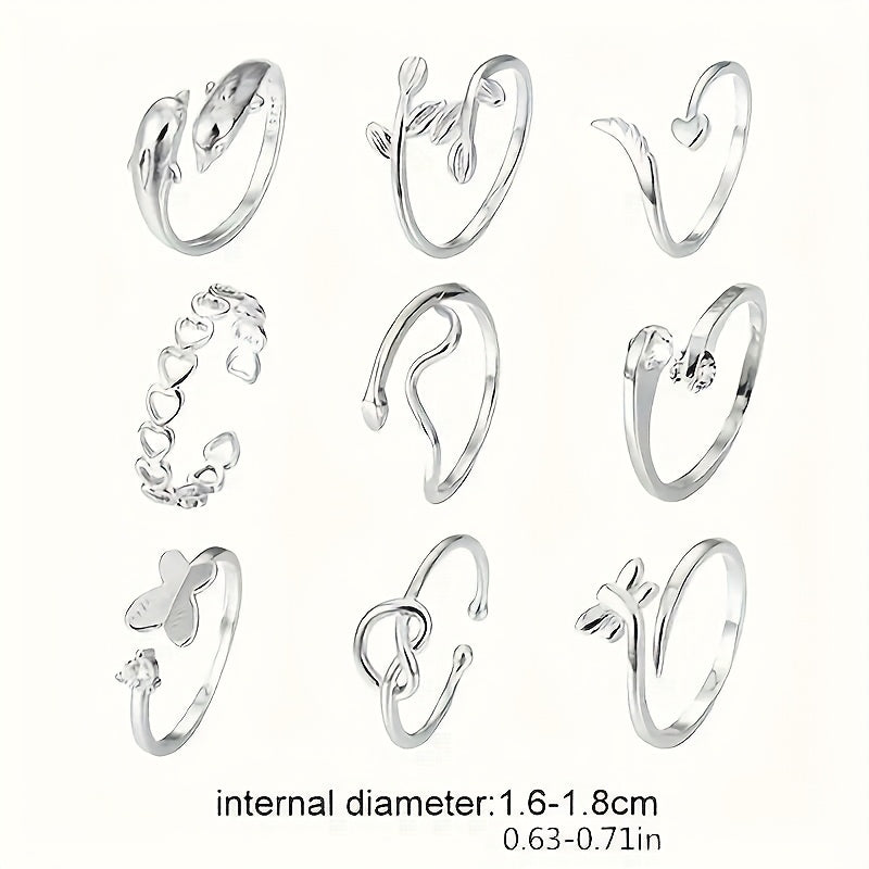 9pcs S925 Sterling Silver Adjustable Foot Ring Set Snake Butterfly Dragonfly Dolphin Heart Leaf Etc Shape Foot Ring Set for Women