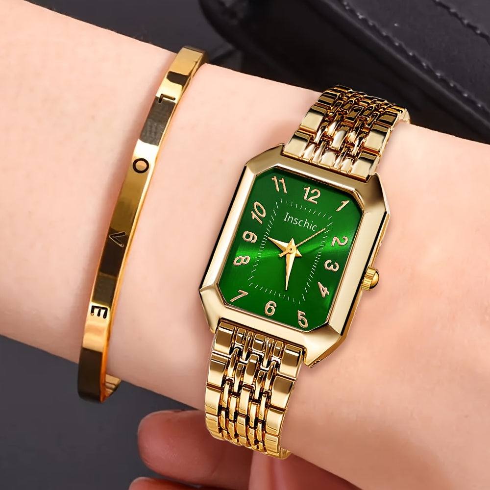 A 2pcs Women's Watch Gift Set Featuring a Trendy Open Bangle Combination with a Casual Quartz Watch, Classic Vintage Rectangular Dial Watches for Men, Christmas, Birthday Gifts, Reloj Para Hombre.(Box Not Included).