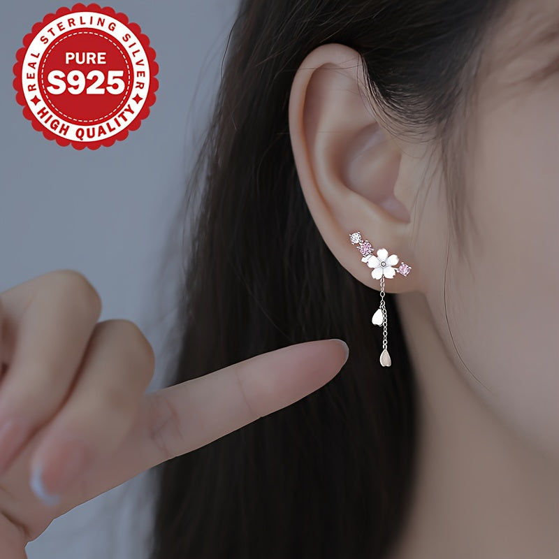 1 Pair of Cherry Blossom Tassel Earrings, S925 Pure Silvery Flower Earrings, Cute Japanese Style Temperament, Classic Tassel Earrings, Suitable for Multiple Occasions, Low Allergy 1.6G