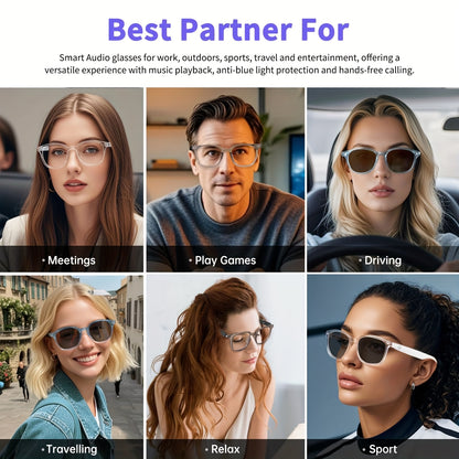 Smart Audio Glasses with Photochromic Lenses - Bluetooth Sunglasses for Music Calls Driving Sports, Anti Blue Light Auto Color Changing Unisex Eyewear in Gray Blue Black Transparent Coffee Yellow Silver
