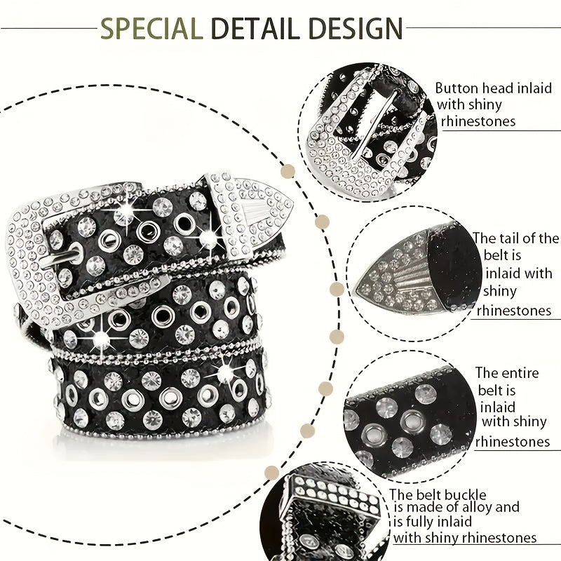 Women's & Men's Punk Rock Rhinestone Belt with Heavy Metal Rivets - PU Sparkling Sequin Waist Chain Accessory Suitable for Parties, Concerts, Daily Wear - Y2K Style Bold Statement Belt (Unisex)