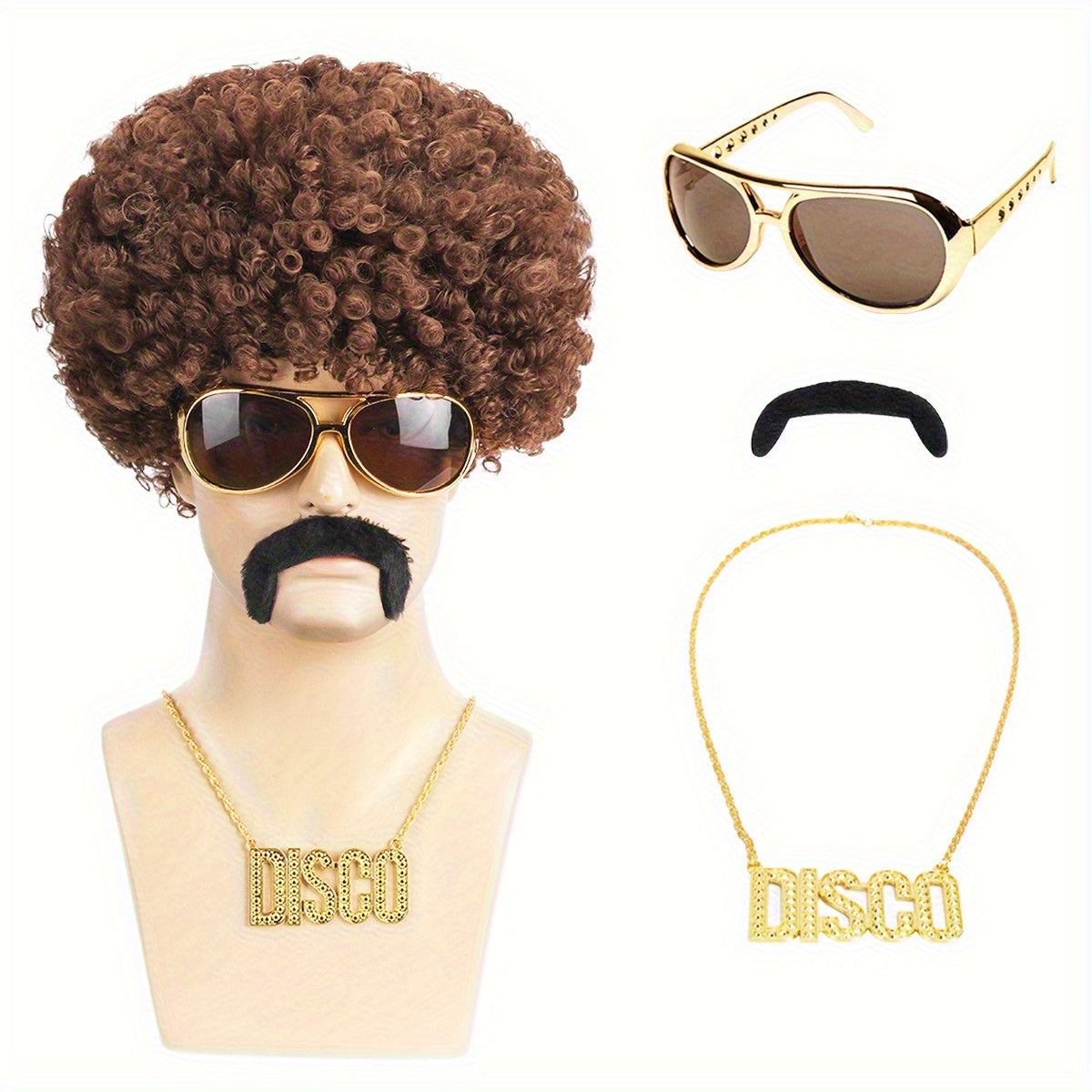 5pcs 70s Disco Party Wig & Complete Costume - Curly Short Black/Brown wigs with Cap, Glasses, Beard & Necklace Suitable for Role-Play, Halloween Costumes, Themed Parties - Men's Vintage Hair for 70s
