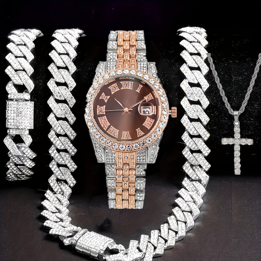 4pcs Men's Hip-Hop Rhinestone Jewelry Set with Quartz Watch (Calendar & Analog) & Matching Cross Pendant Necklace & Bracelet - & Special Occasion, Luxury Gift for Him - Low-Voltage Operation Suitable for Parties, Nightclubs, Weddings, Casual Attire