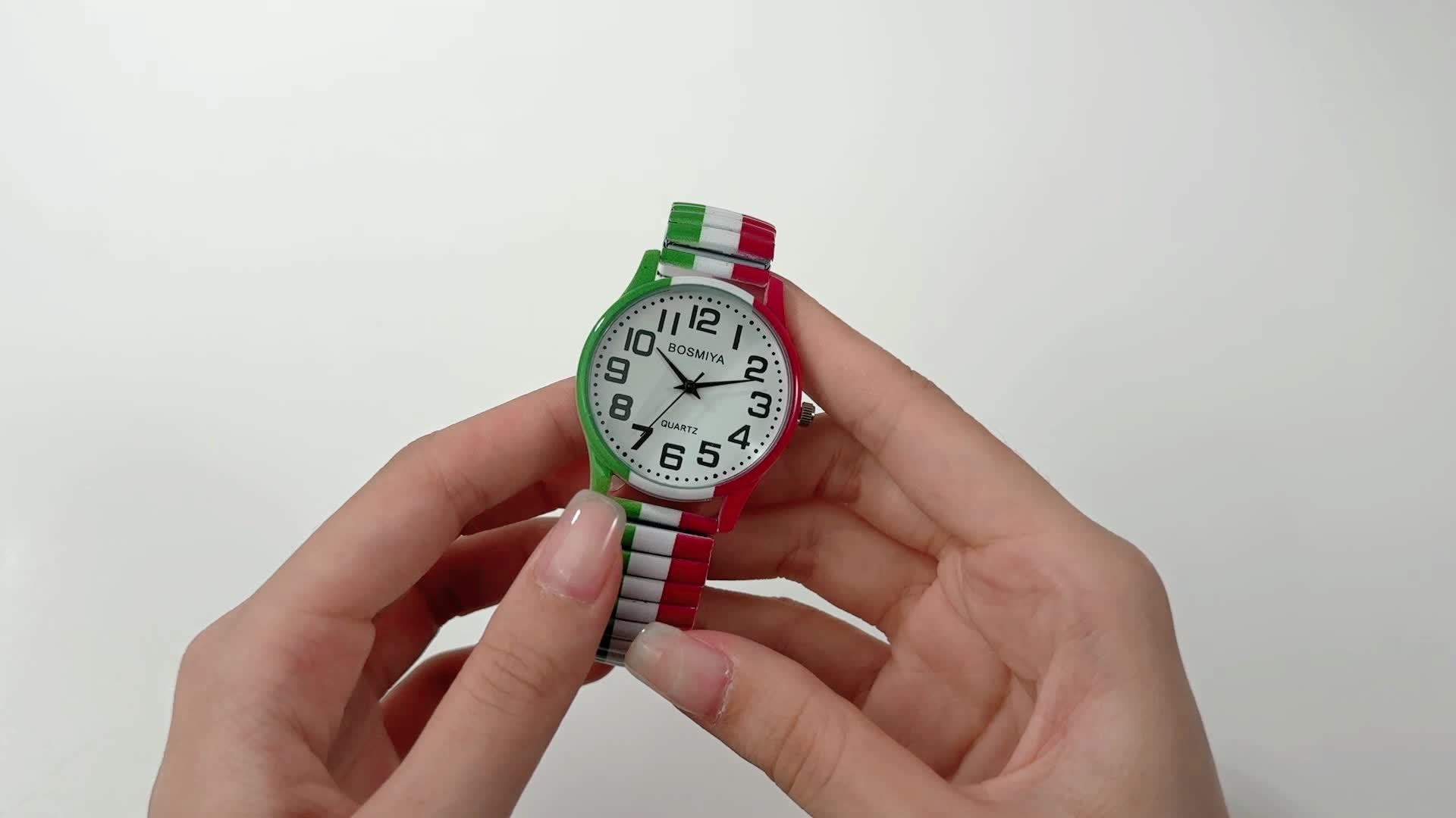 Italian Flag Color Stretch Watch for Men & Women - Analog Quartz Wristwatch with Stainless Steel Band, Large Arabic Numerals, Easy-to-Read Dial, Perfect for Seniors & Italy National Day Gifts, Patriotic Accessory | Bold Analog Watch | Clear Numeral Displa