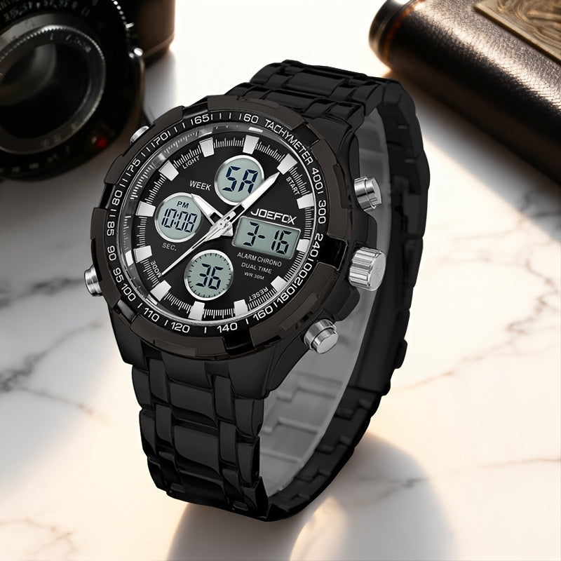 [Luxury Sport Watch] JOEFOX Men's Luxury Analog-Digital Sport Watch - Large Face Dual Display, Stainless Steel Band, LED Backlight 3ATM Waterproof Chronograph And Alarm Wristwatch
