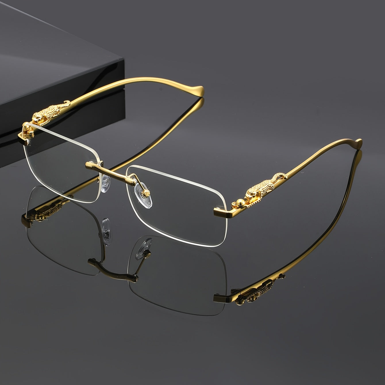 Leopard Print Sunglasses Frameless Square Gold Frame - Fashion Eyewear Unisex Men Women with Case Cleaning Cloth 3 Lens Colors