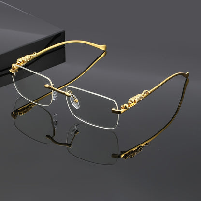 Leopard Print Sunglasses Frameless Square Gold Frame - Fashion Eyewear Unisex Men Women with Case Cleaning Cloth 3 Lens Colors