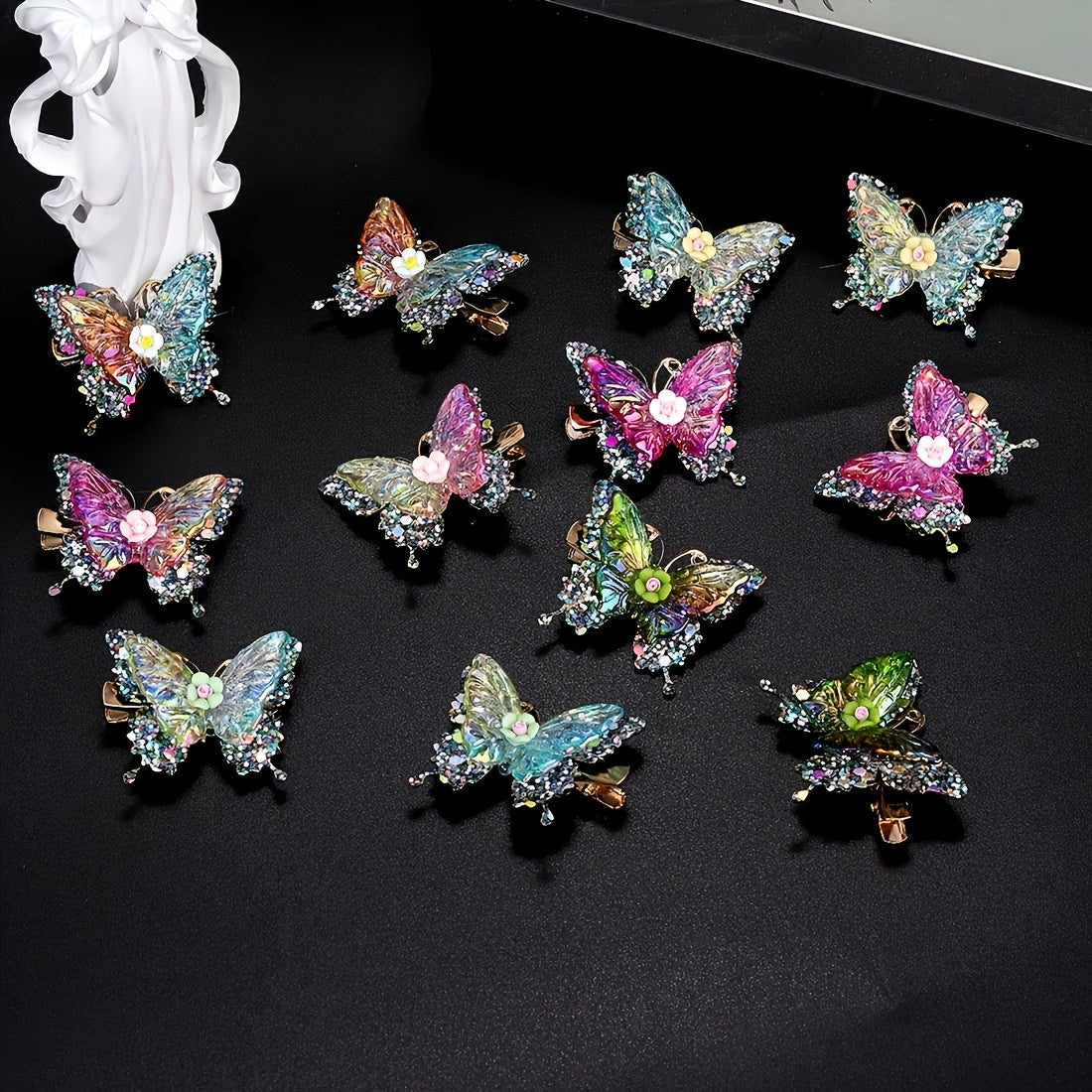 Butterfly Hair Clips 12pcs Set Y2K Shiny Sequin Double Layer Acrylic Butterfly Clips Luxury Hair Accessories for Women Girls Party Daily Holiday Headwear