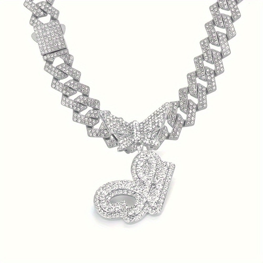 Cuban Link Chain Necklace - Initial Letter for Men Women - with Butterfly Alphabet Pendant A-Z, Gold & - product detail view