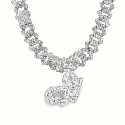 Cuban Link Chain Necklace - Initial Letter for Men Women - with Butterfly Alphabet Pendant A-Z, Gold & - product detail view