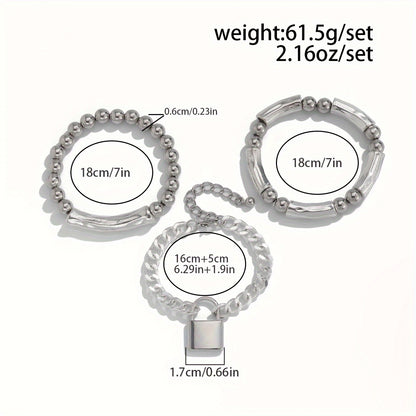S925 Silver Punk Bracelet Set for Women – 3pcs Beaded Stackable Bangles with Lock Pendant, Edgy Layered Wrist Jewelry for Everyday & Gift