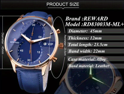 Men's Quartz Watch with PU Leather Strap, Date & Stopwatch — Gift Box Included | Golden & Blue