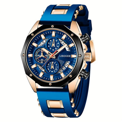 Chronograph Watch for Men - Large Dial Quartz Wristwatch with Day Date Month Display, 24H Analog, Leather Strap & Gold Buckle, Multi-Function Business Sport Dress Watch in Blue Silver Gold