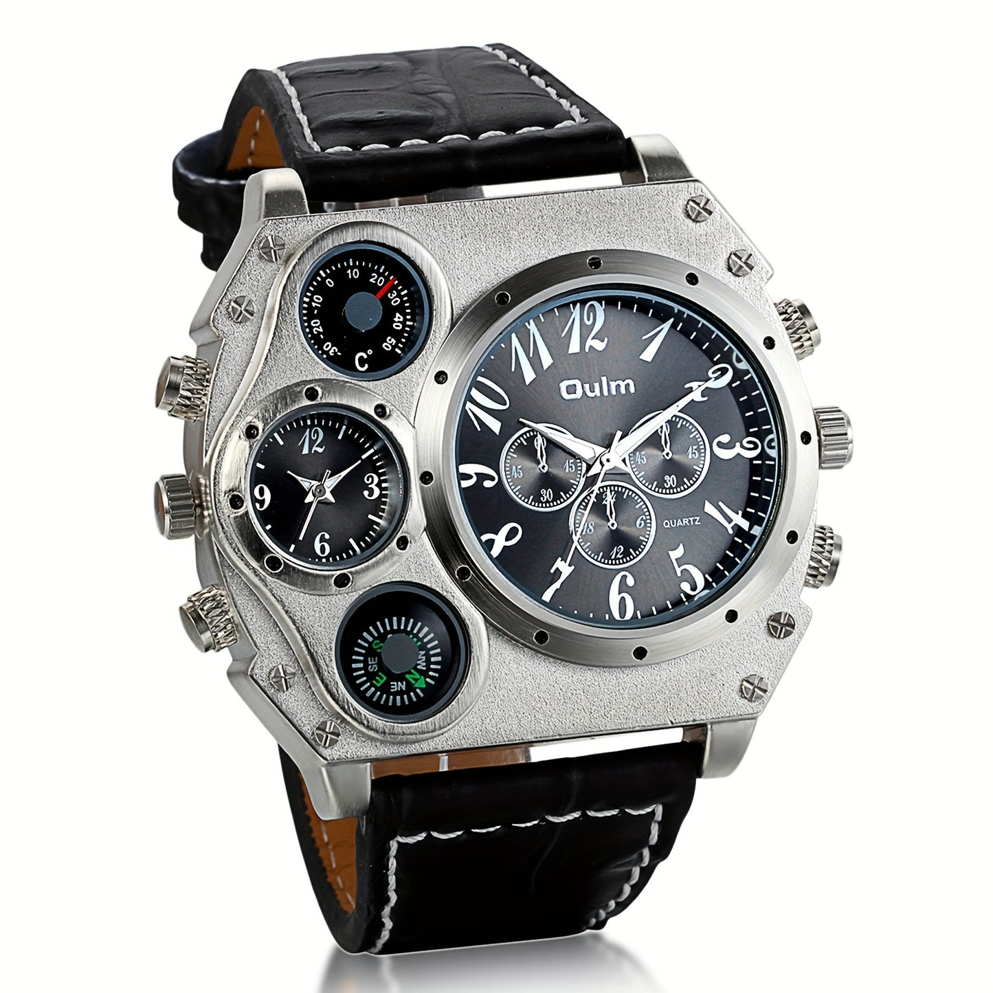 Men's Dual Time Zone Quartz Watch – Large Dial Luminous Faux Leather Wristwatch, Casual Sport Business Style, Cool Gift for Him