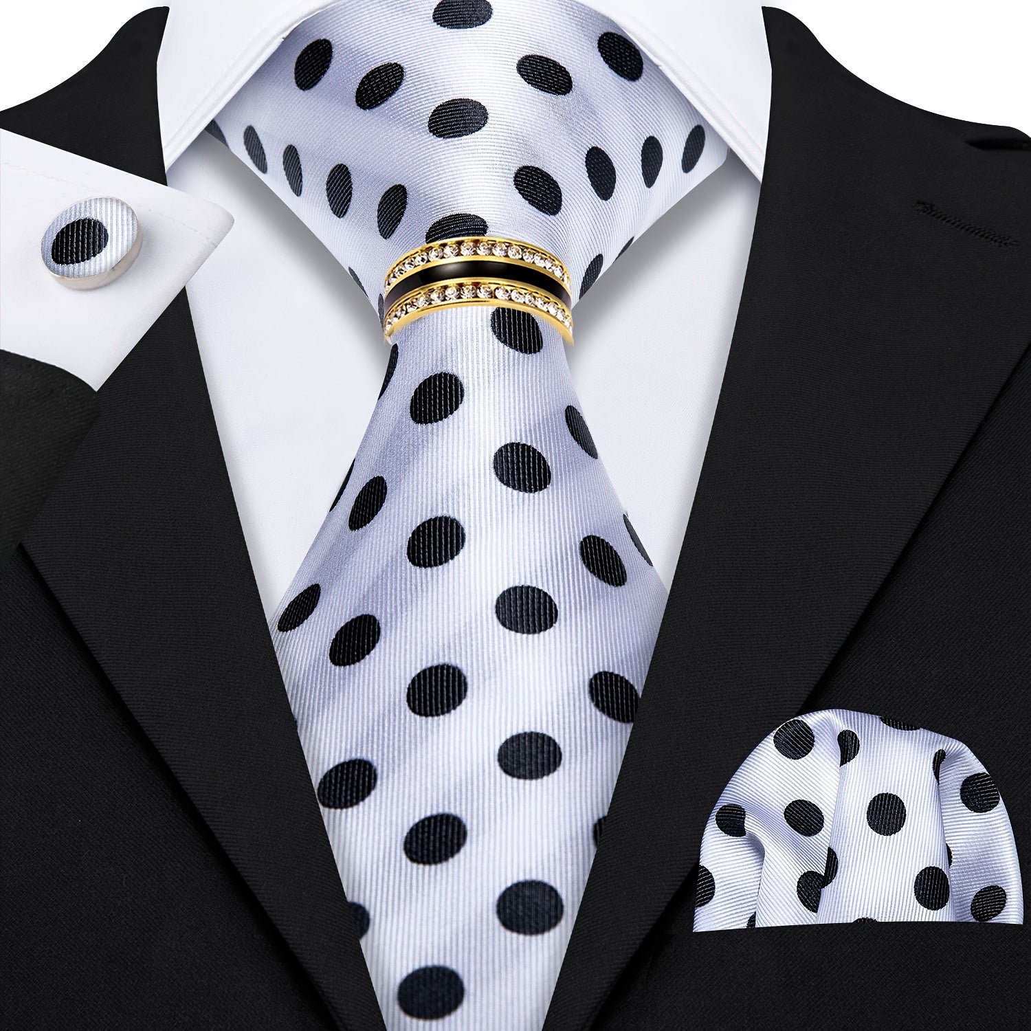 VERVEROW 1set Black White Stripped Mens Classic Tie Necktie Pocket Square Cufflinks Golden Ring Set