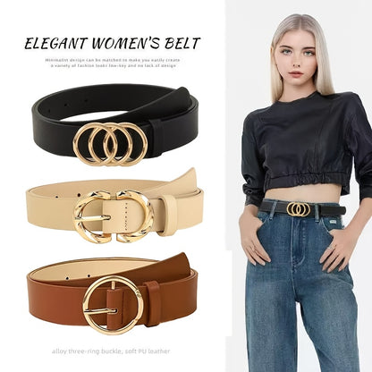 Women's Belt Set 6Pcs - PU Leather Belts with Metal Buckle Multi Style, Black Beige Brown Solid Color Waist Belt for Jeans Dresses Daily Wear, One Size Adjustable Fashion Accessory