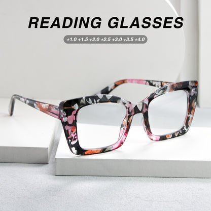 Reading Glasses for Women 7 Pack - Large Square Frame with Spring Hinges Vintage Print Design +1.0 to +4.0 Magnification, Durable PC Frame Comfortable Fit Stylish Readers for Everyday Use
