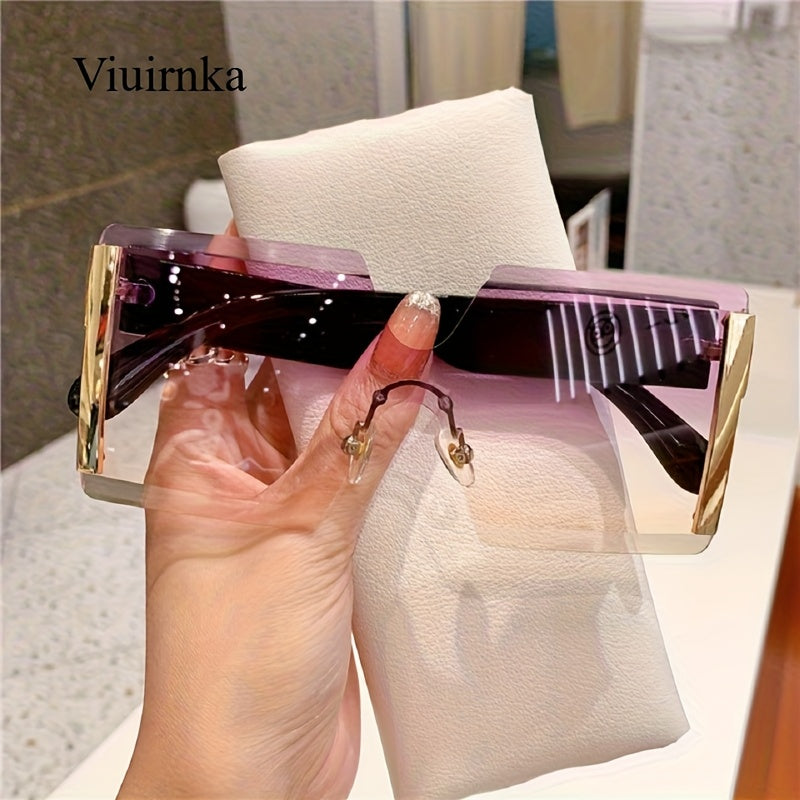 Oversized Frameless Glasses Women Gold Frame Retro Square Fashion Eyewear with Case Lightweight Unisex Events Halloween Christmas Gift Golden Tea Blue Purple Pink