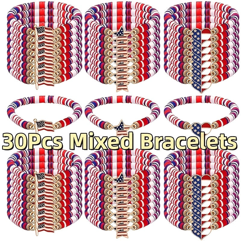 Patriotic Stretch Bracelets Bulk Red White Blue Polymer Clay Bead Bohemian Retro Women 4th of July Party Favors Everyday Wear Gift Set 15pcs 30pcs