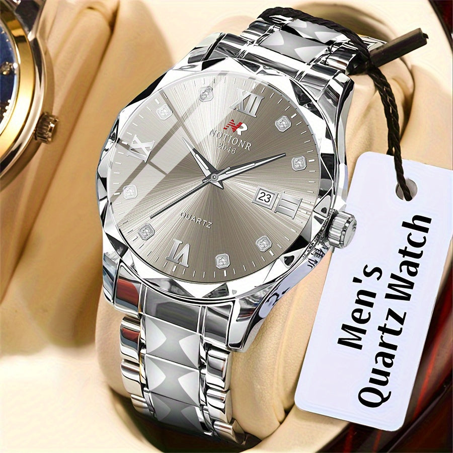 [Roman Rhinestones Quartz Watch] 1pc Men's Roman Rhinestones Quartz Watch | Stainless Steel Strap | Minimalist Classic Design | Ideal for Birthday, Holiday, Valentine's Day Gifts