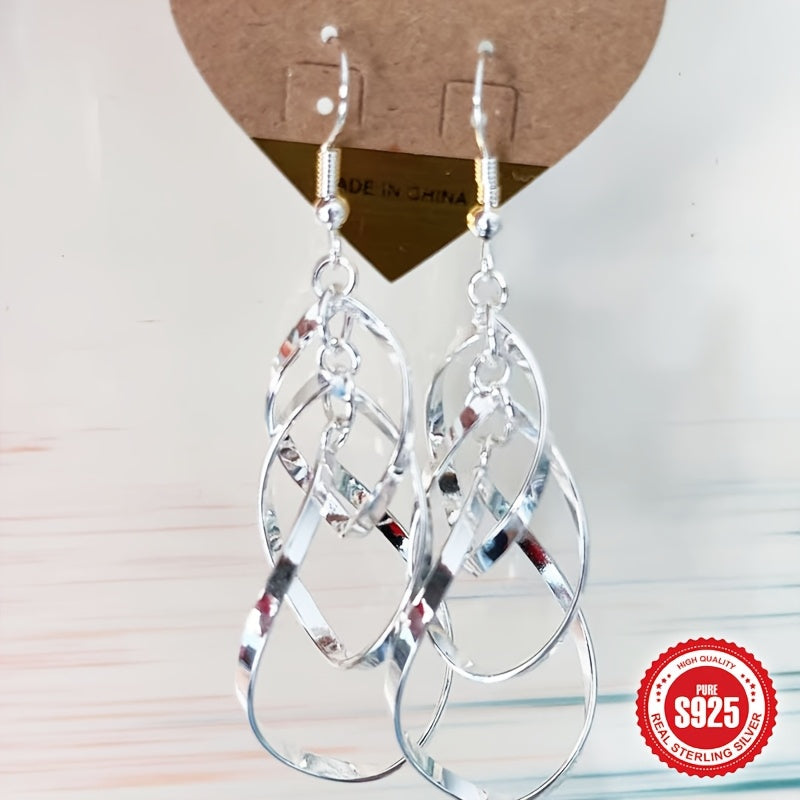 [Parties, Holidays] S925 Sterling Silver Boho-Inspired Teardrop Dangle Earrings - Twisted Wave Design, Double Layer, Perfect for Daily Wear, Parties, And Holidays, Everyday Earrings|Teardrop Dangle Earrings|Sterling Silver Earrings