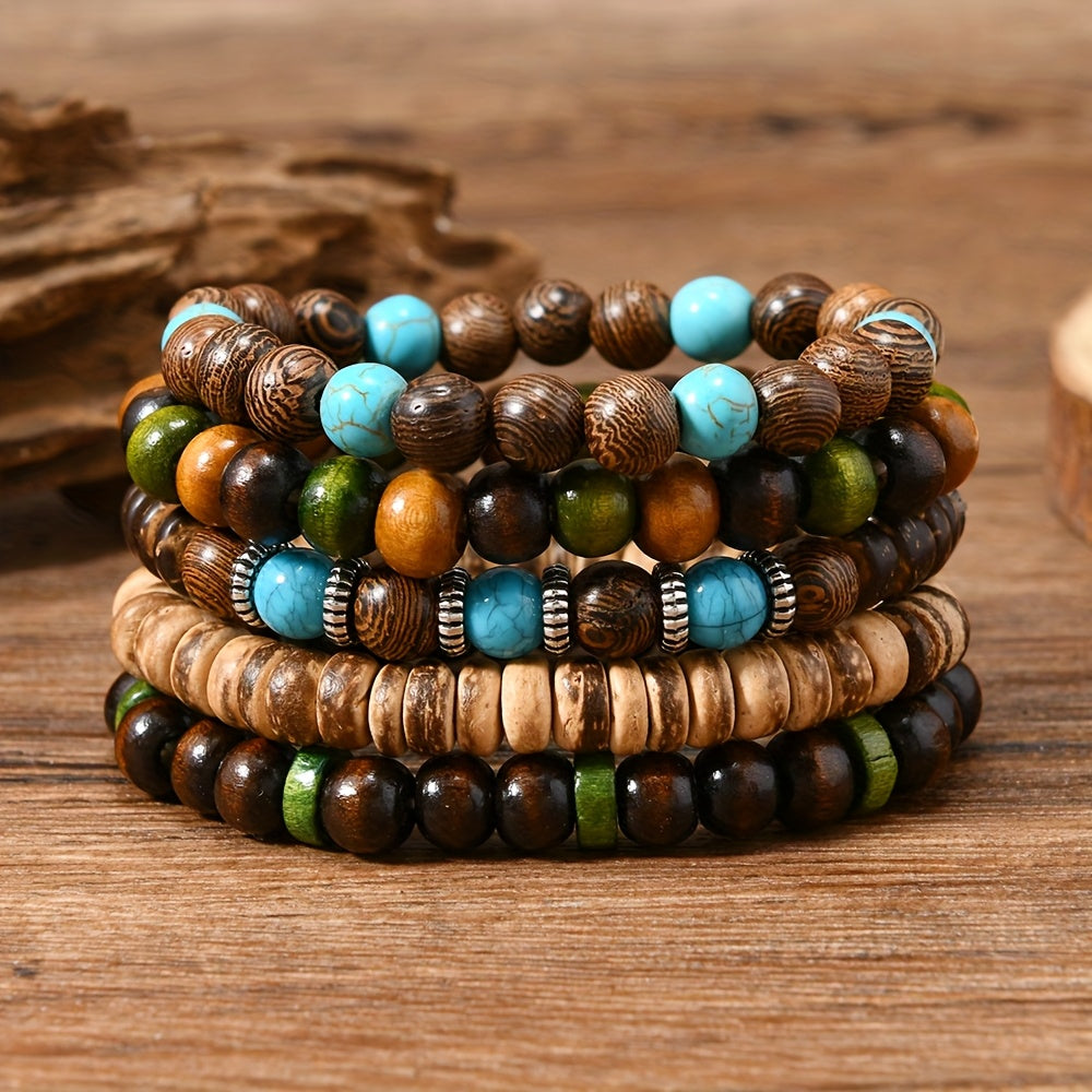 40pcs Vintage Western Styles Wooden Bead Bracelets Set for Women - Multi-Layer Assorted Colors Bracelet, Feather, Heart, Tree Charms, Summer Casual Style Daily Wear Jewelry, Ideal Holiday Gift